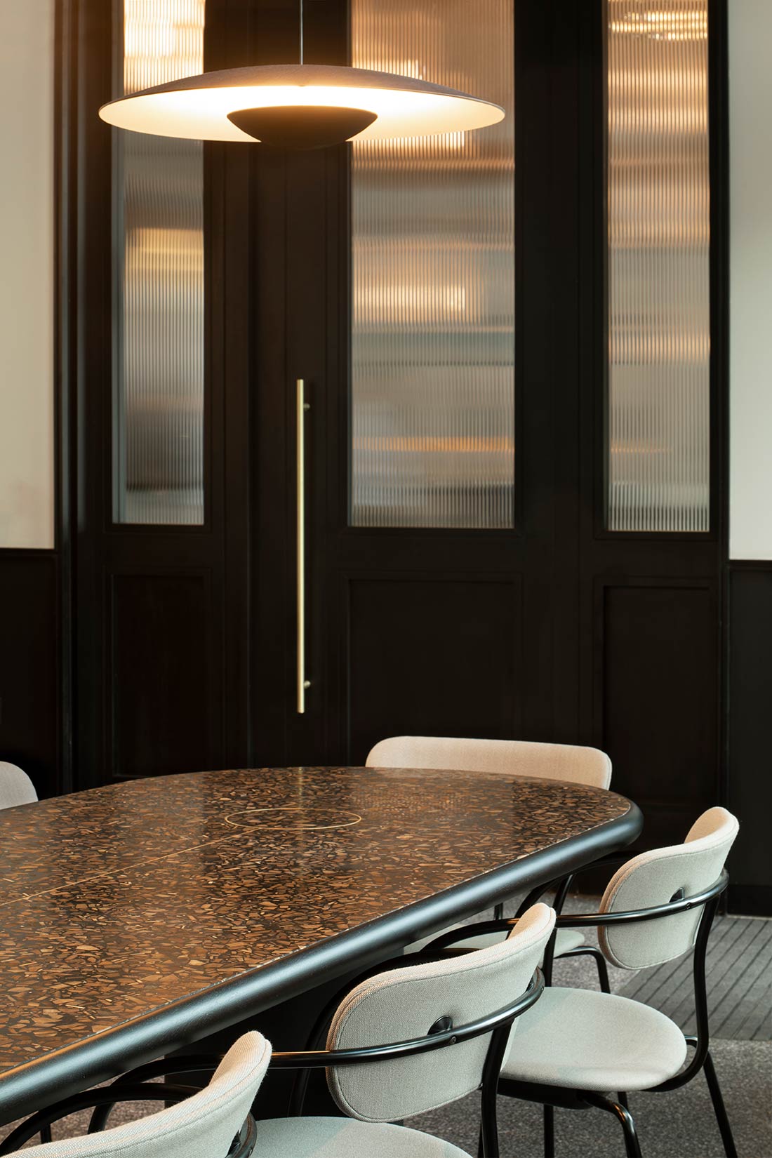 Table chairs and lights detail Table chairs and lights detail